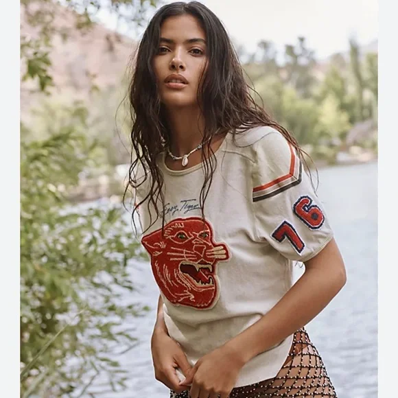 FREE PEOPLE We The Free Easy Rider Easy Tiger Varsity Jersey Tee Large - Picture 1 of 6